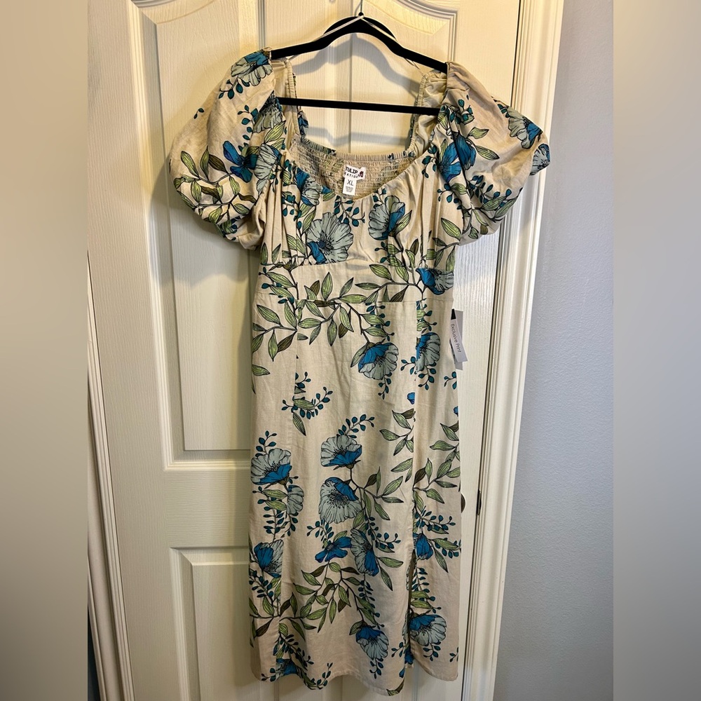 💚”Tulip Creations” NWT Floral Short Puff Sleeve Smocked Back Midi Dress Size XL
